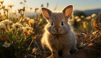 Cute young rabbit sitting in grass, enjoying nature beauty generated by AI photo