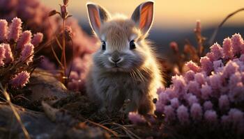 Cute fluffy baby rabbit sitting in grass, enjoying nature generated by AI photo