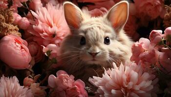 Cute baby rabbit sitting in grass, looking at flower generated by AI photo