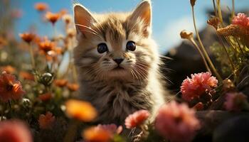 Cute kitten sitting in grass, looking at camera playfully generated by AI photo