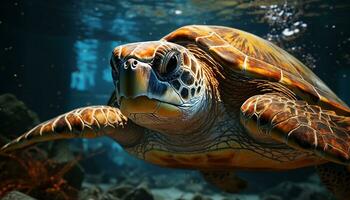 un hermosa mar Tortuga nadando en el tropical arrecife generado por ai foto