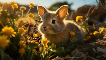 Cute fluffy rabbit sitting in green meadow, enjoying springtime generated by AI photo