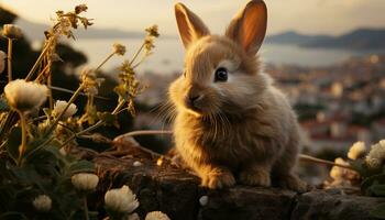 Cute baby rabbit sitting on grass, fluffy and small generated by AI photo