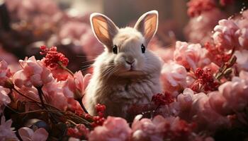 Cute baby rabbit sitting in grass, surrounded by flowers generated by AI photo