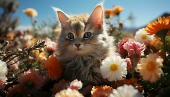 Cute kitten sitting in meadow, playful with yellow flower generated by AI photo