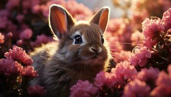 Fluffy rabbit sitting in grass, enjoying nature beauty generated by AI photo