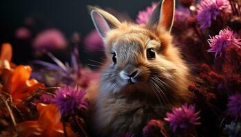 linda pequeño Conejo sentado en césped, mullido pelo, mirando generado por ai foto