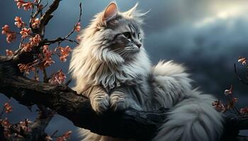 Cute kitten sitting on branch, fluffy fur, nature beauty generated by AI photo
