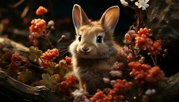 Cute fluffy rabbit sitting on green grass, surrounded by flowers generated by AI photo