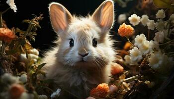 Cute baby rabbit sitting in grass, looking at flower generated by AI photo