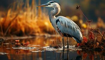 Egret standing, fishing in tranquil pond, nature beauty generated by AI photo