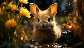 Cute small rabbit sitting in grass, looking at camera generated by AI photo