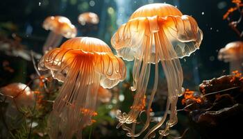 Glowing yellow toadstool, a dangerous beauty in nature generated by AI photo