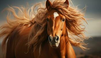 Majestic stallion runs free in the golden sunset generated by AI photo