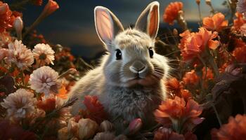 mullido bebé Conejo sentado en césped, disfrutando primavera generado por ai foto