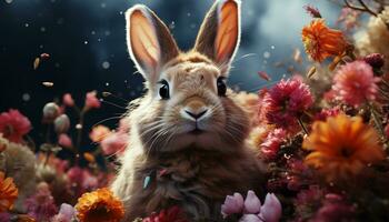 linda bebé Conejo sentado en césped, rodeado por flores generado por ai foto