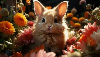 Cute young rabbit sitting in grass, surrounded by flowers generated by AI photo