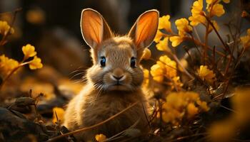 Fluffy baby rabbit sitting in grass, enjoying springtime generated by AI photo