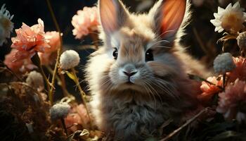 linda mullido Conejo sentado en césped, mirando a yo generado por ai foto