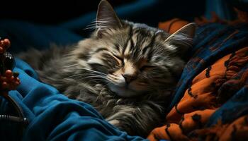 Cute kitten sleeping, cozy and relaxed on fluffy pillow generated by AI photo