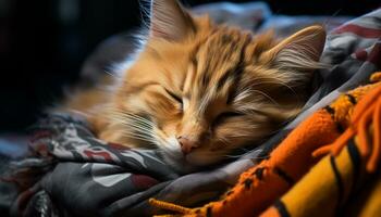 Cute kitten resting, fluffy fur, softness, pampered and comfortable generated by AI photo