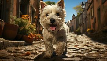 linda terrier perrito sentado al aire libre, jugando con buldog amigo generado por ai foto