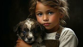 Smiling child embraces cute puppy, pure innocence and love generated by AI photo