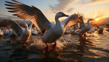 Ducks flying over water, sunset reflects nature beauty generated by AI photo