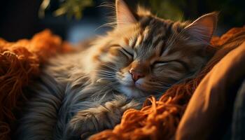 Cute kitten sleeping, fluffy fur, resting in comfortable nature generated by AI photo