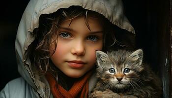 Cute child embraces small kitten, both smiling in nature generated by AI photo