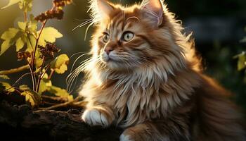 Cute kitten sitting in grass, looking at camera with curiosity generated by AI photo