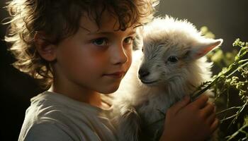 linda niño abraza pequeño animal, disfrutando juguetón al aire libre juntos generado por ai foto