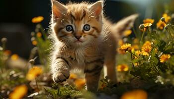 Cute kitten playing in the grass, looking at camera generated by AI photo