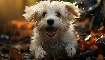 Cute puppy playing outdoors, tongue out, surrounded by autumn leaves generated by AI photo