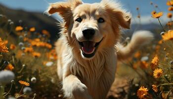 Cute puppy playing in the meadow, enjoying the autumn sun generated by AI photo