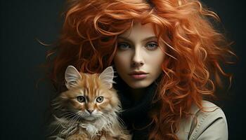 Cute redhead woman looking at camera with her pet cat generated by AI photo