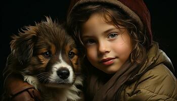 Cute dog and child smiling, embracing love and innocence generated by AI photo