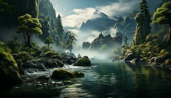 Tranquil scene mountain peak reflects in calm, green pond generated by AI photo