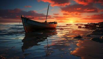 Sunset over tranquil water, a nautical vessel sails into dusk generated by AI photo