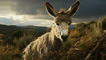 Cute donkey grazing on grass in rural sunset meadow generated by AI photo