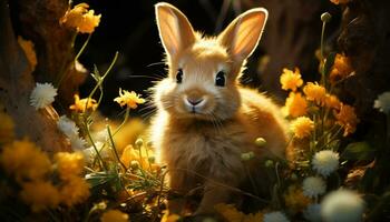 Fluffy baby rabbit sits in meadow, surrounded by yellow flowers generated by AI photo