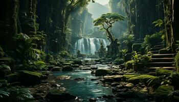 tranquilo escena tropical selva, fluido agua, verde color, misterioso belleza generado por ai foto