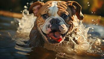 Cute bulldog puppy playing in the water, pure summer fun generated by AI photo