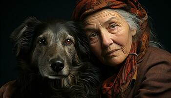 un mujer y su perro compartir un amoroso abrazo generado por ai foto