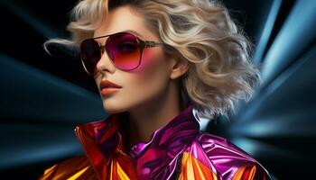 Beautiful young woman with sunglasses, elegance, and sensuality generated by AI photo