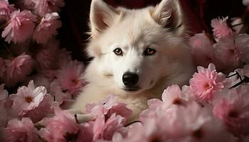 Cute puppy sitting outdoors, looking at camera, surrounded by flowers generated by AI photo