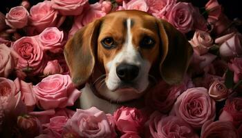 Cute puppy sitting, looking at flower bouquet with love generated by AI photo