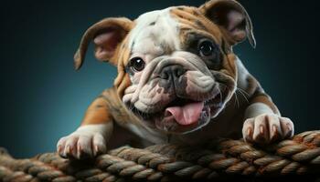 Cute small bulldog puppy sitting, looking at camera generated by AI photo