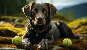 Cute puppy playing outdoors with tennis ball, purebred loyalty generated by AI photo