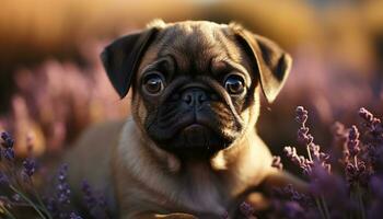 Cute small puppy sitting on grass, playful and fun generated by AI photo